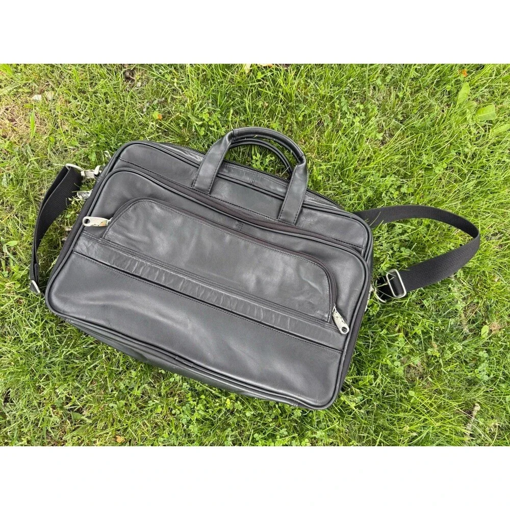 Protocol Vintage Black Leather Computer Bag 20 Pocket, Excellent Condition